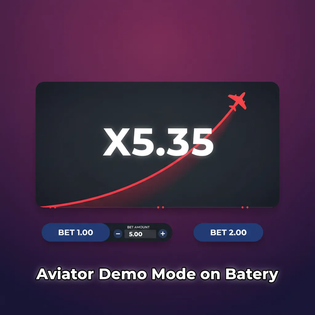 Aviator demo on Batery app screen showing virtual funds, multipliers, and auto bet/cash-out options for risk-free practice.