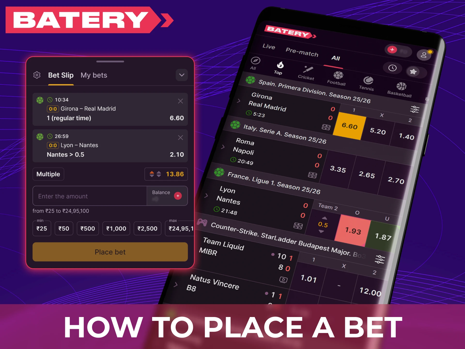 Place a sports bet easily in the official Baterybet app on your phone.