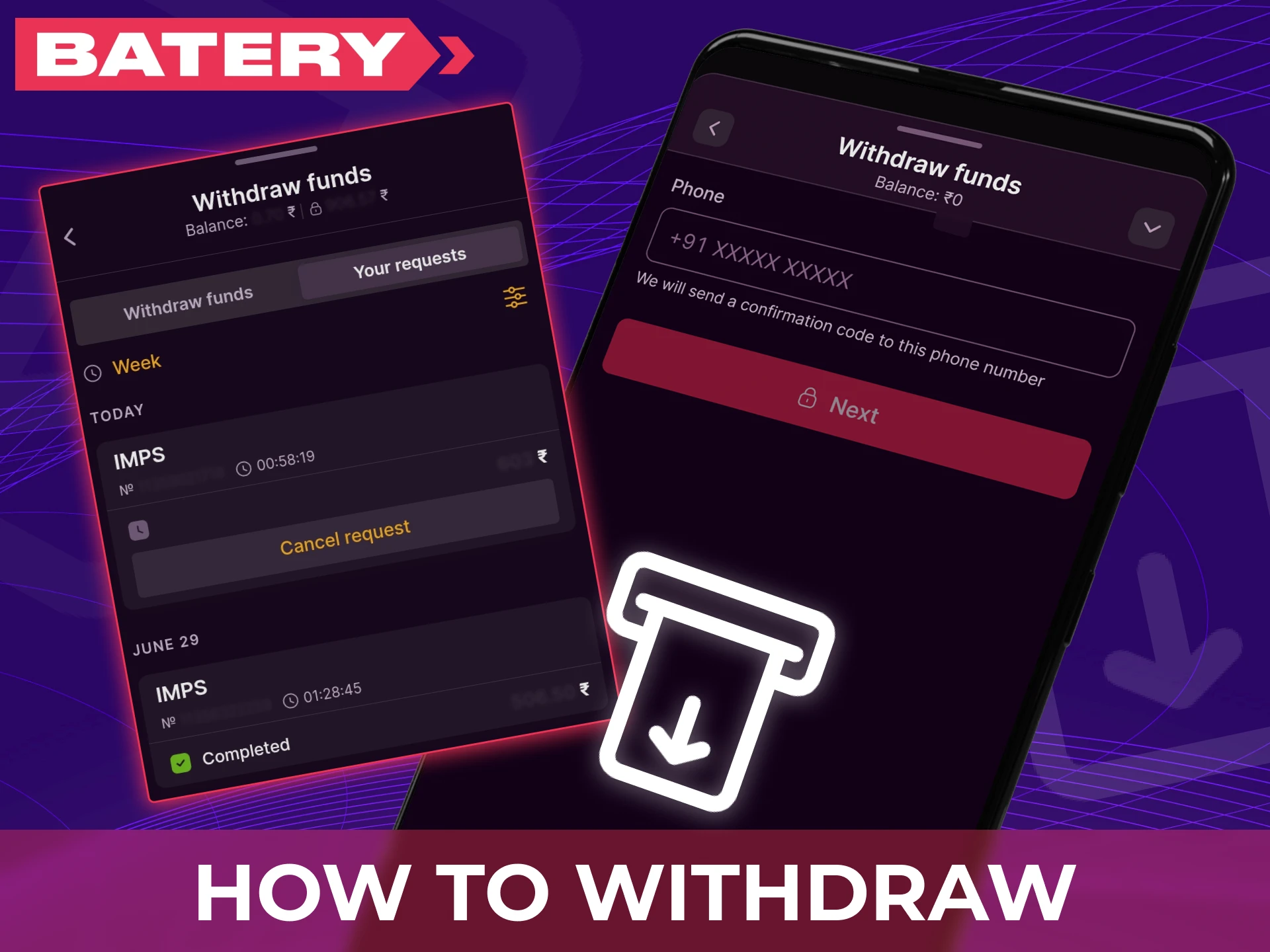 Easily withdraw funds from your Baterybet account in the mobile app.