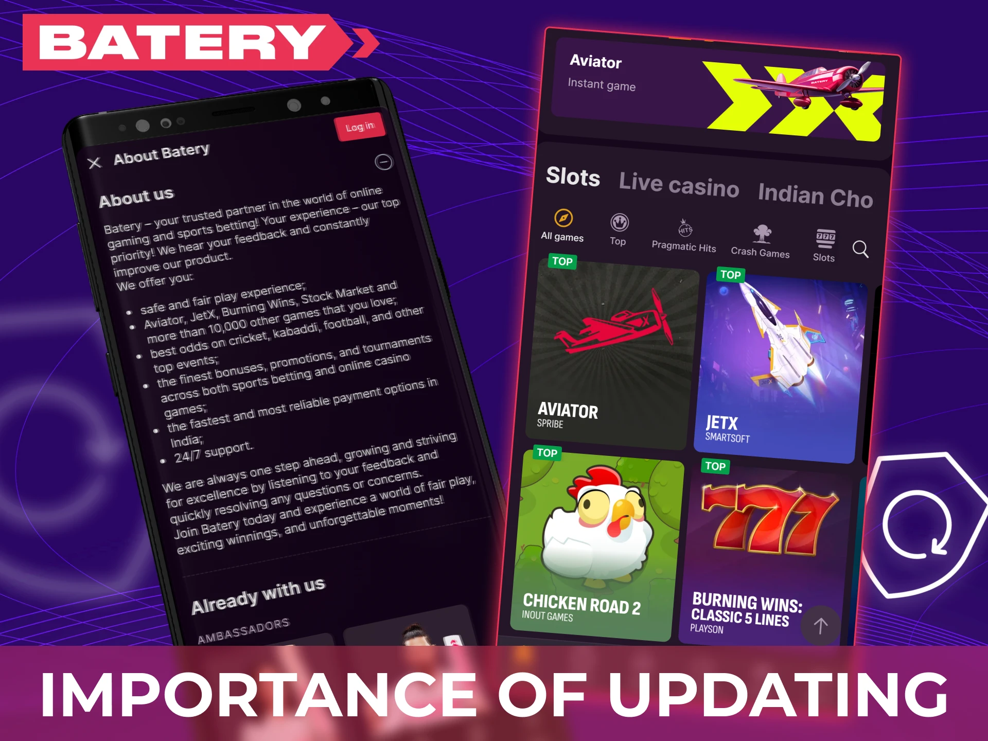 Explanation of why updating the Batery app is important for stability, security, and new features.