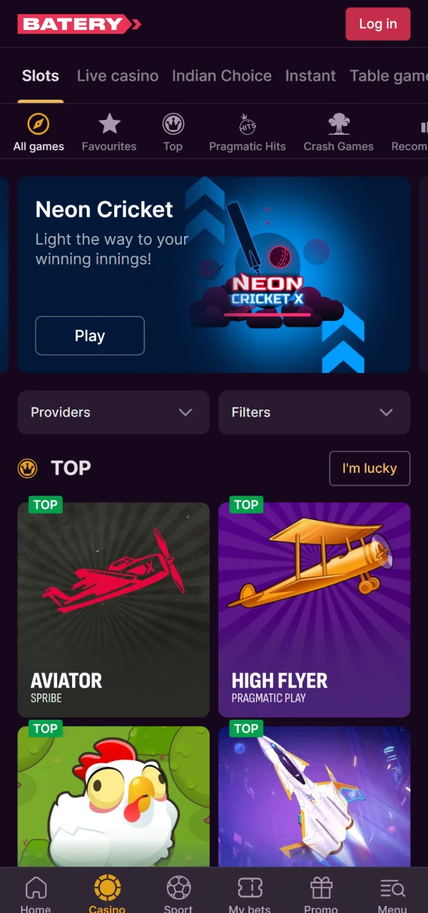 Play slots and live tables on the official Baterybet casino.