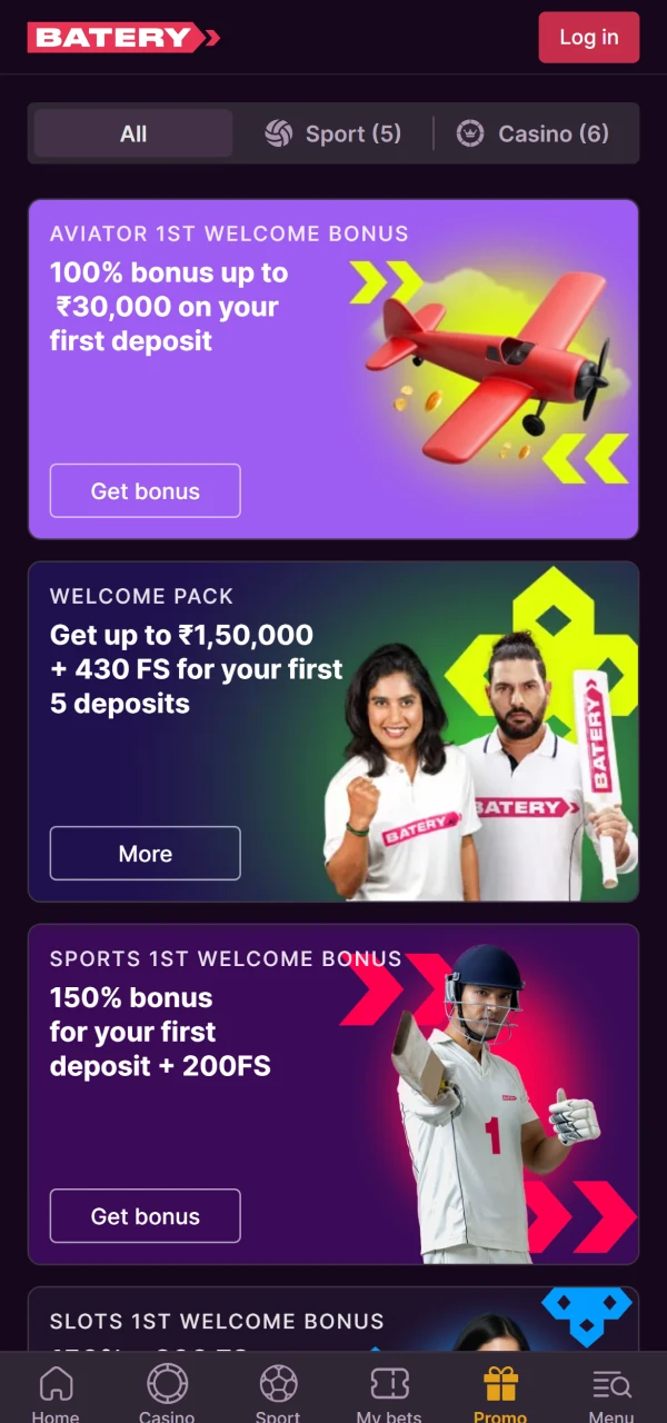 Claim welcome bonuses and free spins on the official Baterybet site.