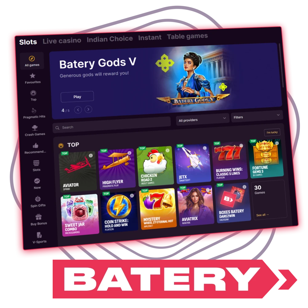 Batery India online casino and sportsbook with slots, tables, live dealers, cricket betting, UPI and wallet payments, a large welcome bonus, fast KYC, and mobile-friendly play.