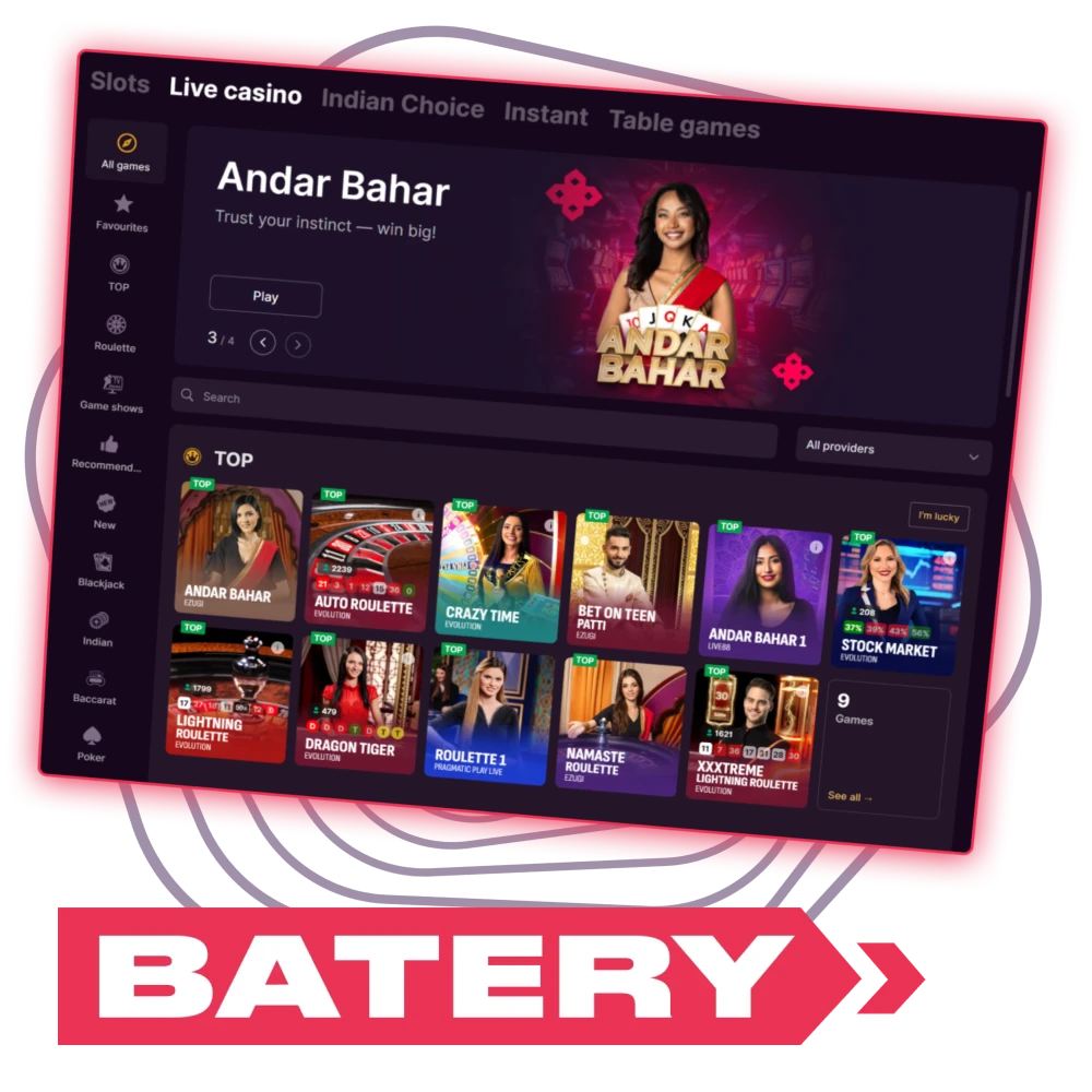 Batery India live casino with hundreds of real-time dealer tables, local card games, UPI and wallet payments, and smooth mobile access with a generous welcome package.