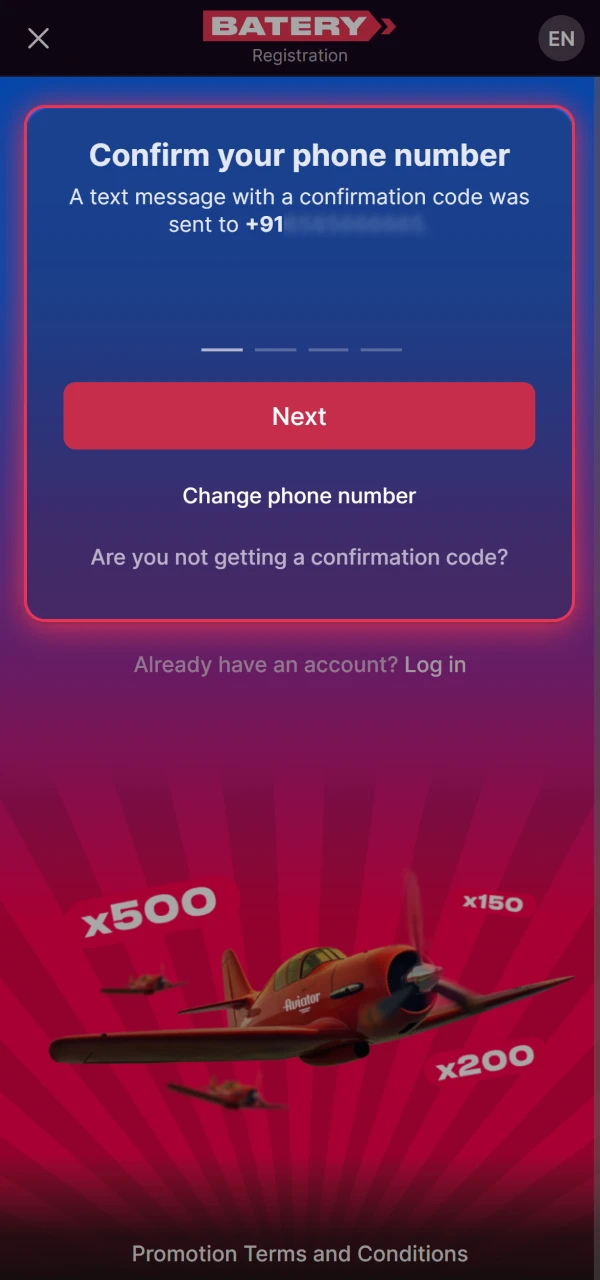 Verification screen asking for OTP from SMS or email to complete registration and log into the Batery account.