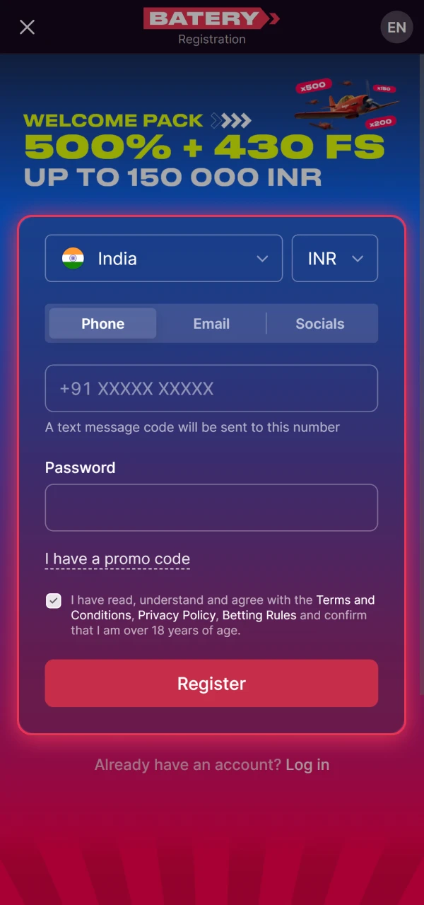 Registration form with fields for phone or email password creation and optional promo code entry.