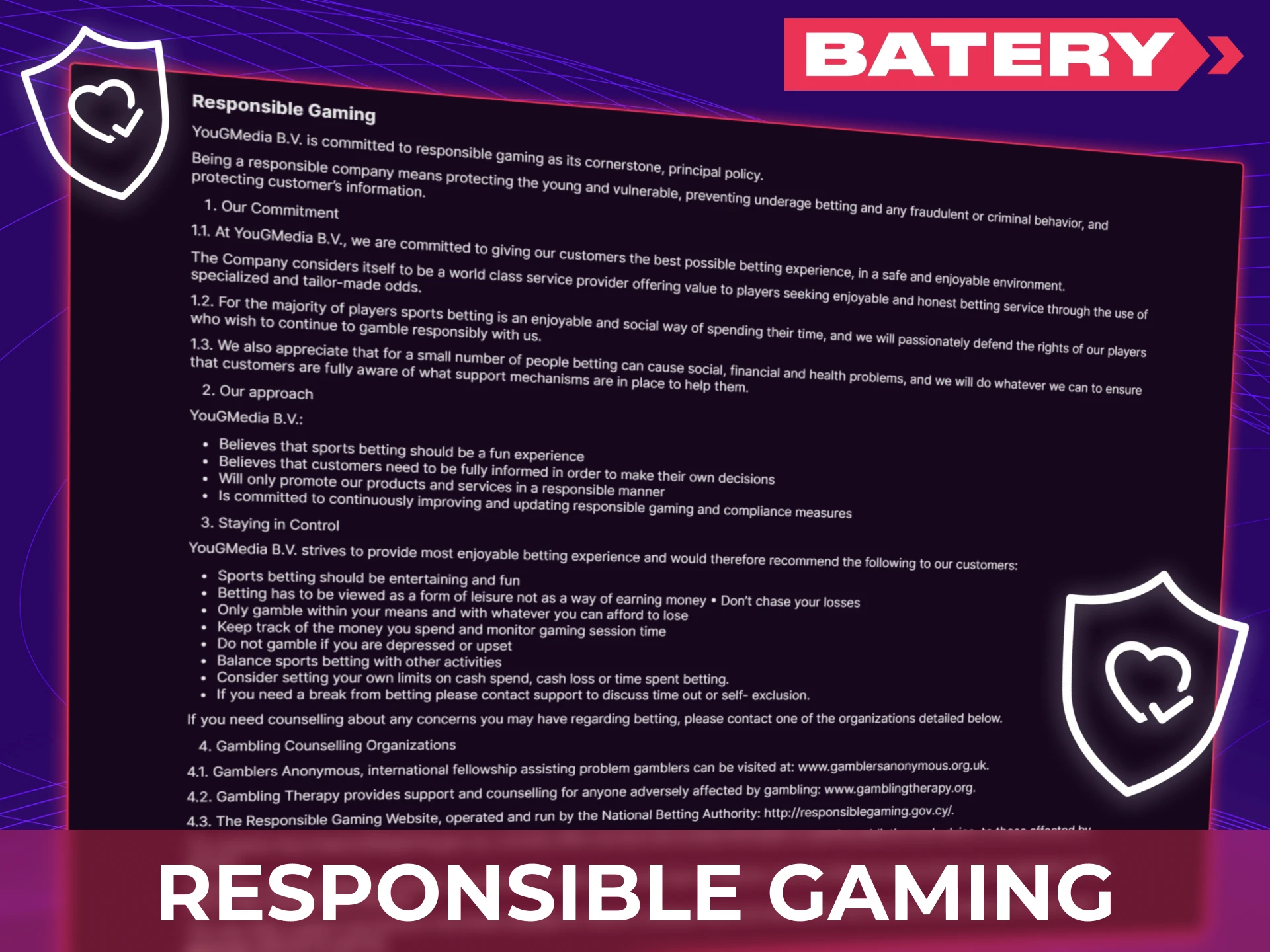 Responsible gaming at Baterybet promotes safe entertainment by offering age-restricted access and built-in tools that help players stay in control of their betting habits.