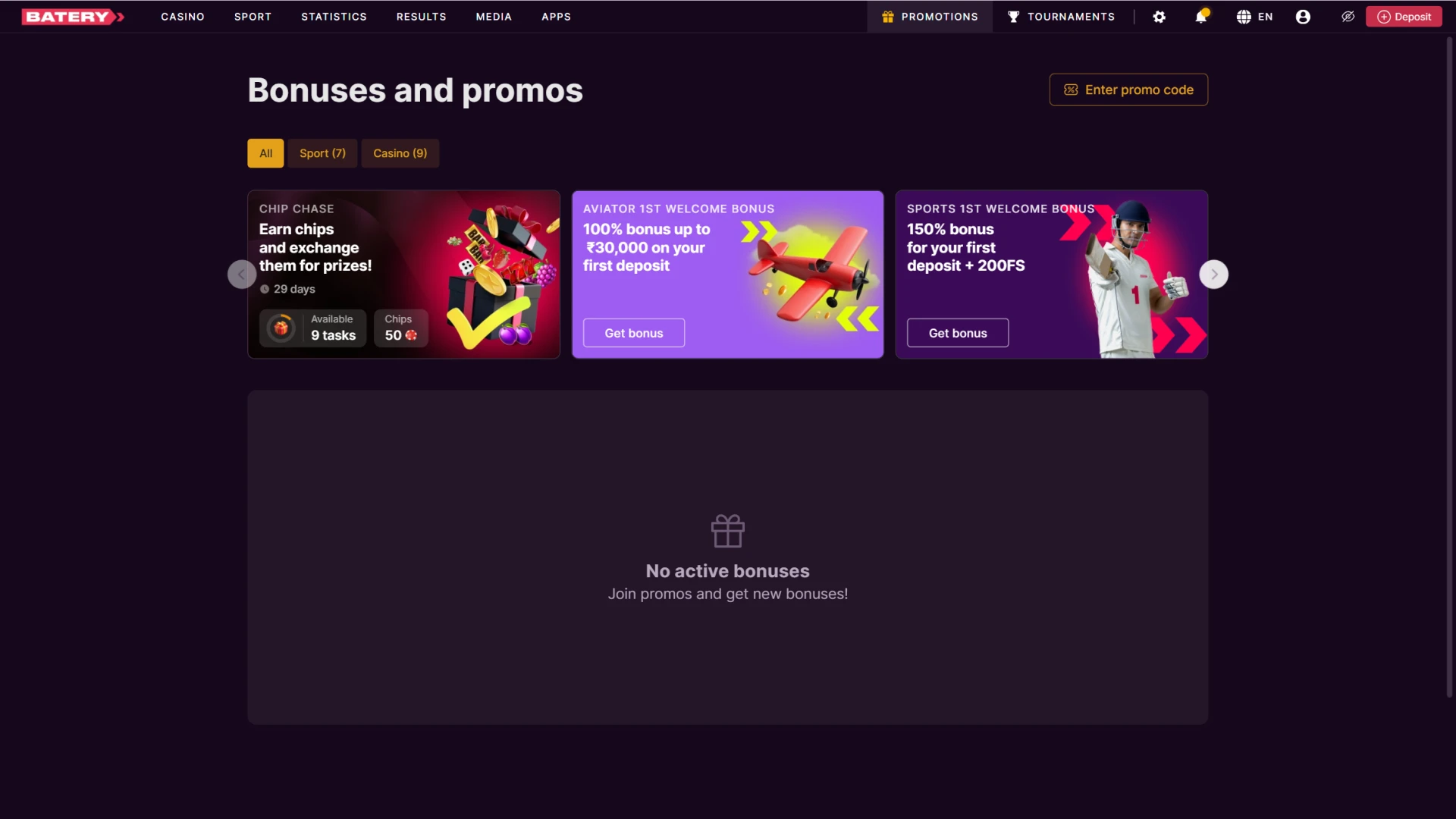 Batery promotions screen with welcome bonuses, free spins, and ongoing offers for players.