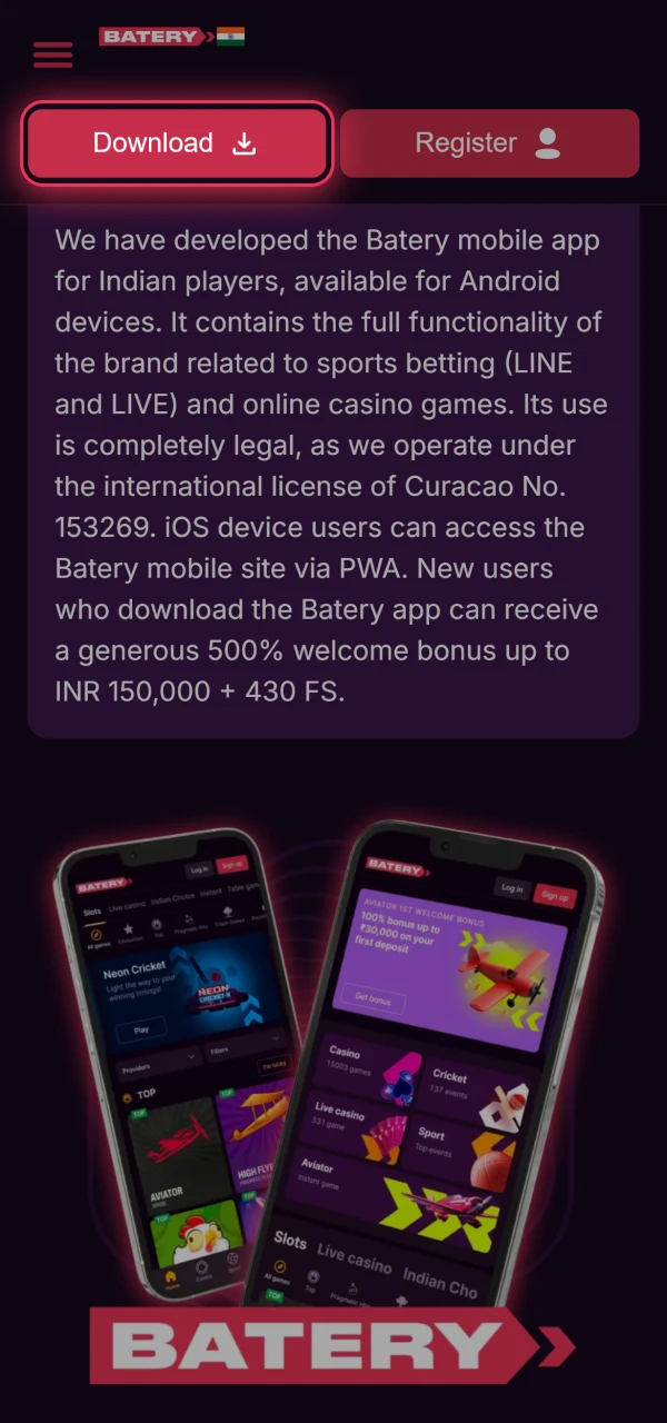 Open the official Baterybet website on your iPhone to start installing the PWA.
