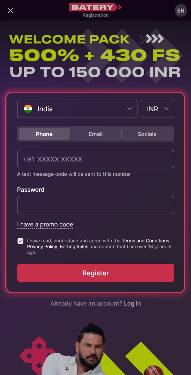 Create your personal account using the official Batery mobile application.