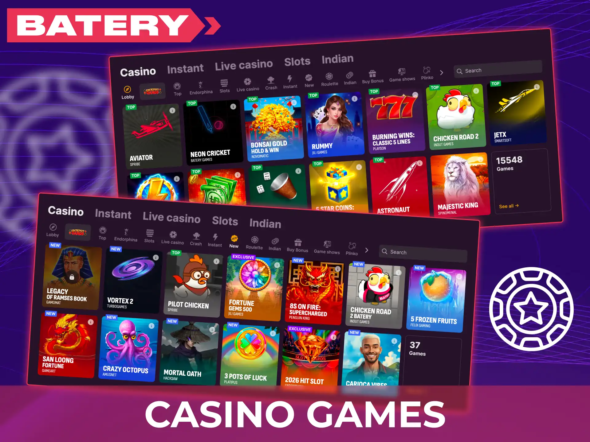 Play various casino games on the Batery website and app.