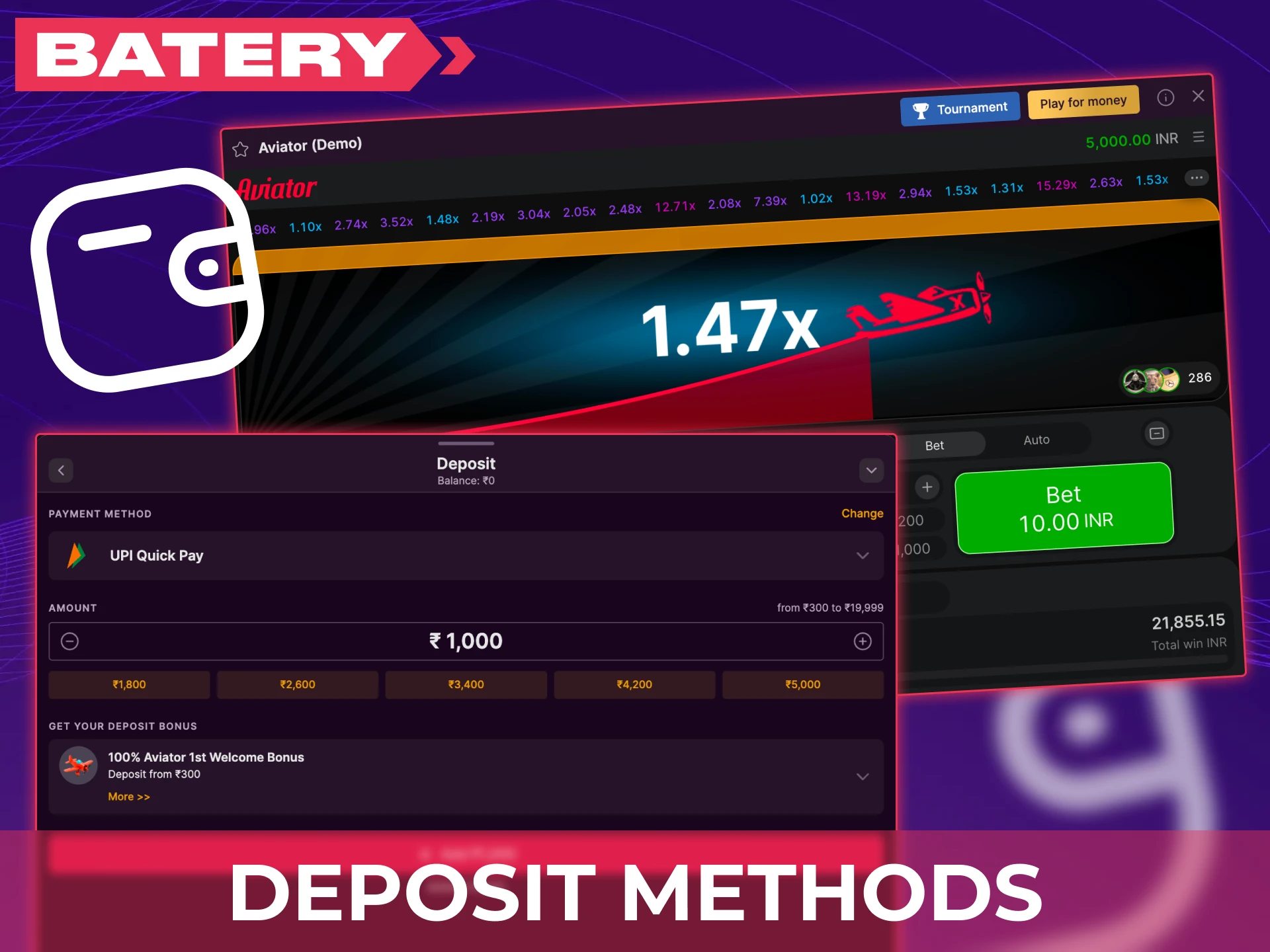 Explore secure deposit methods for Batery Aviator to fund your account.