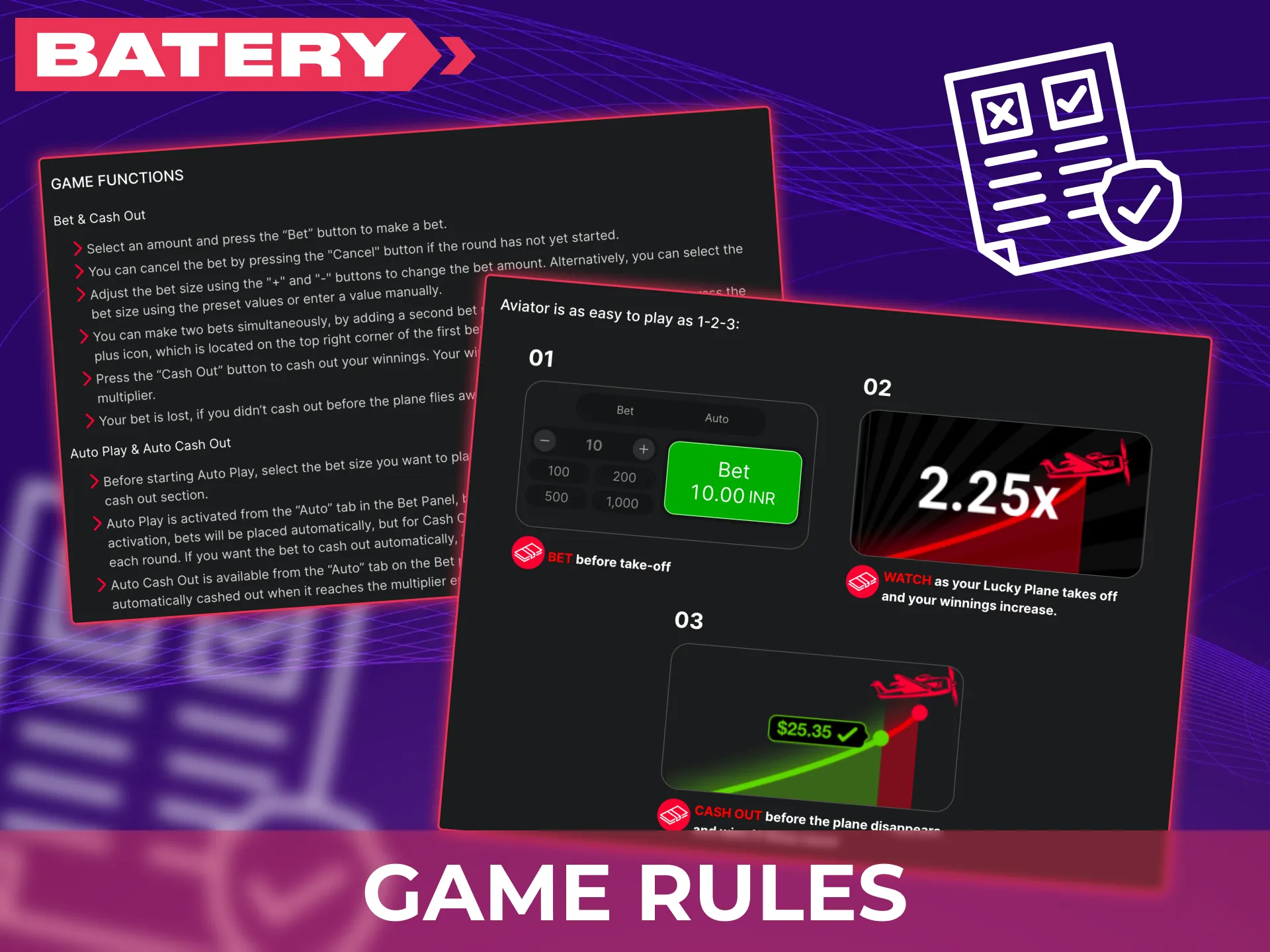 Read the Batery Aviator game rules to understand the flight mechanics.