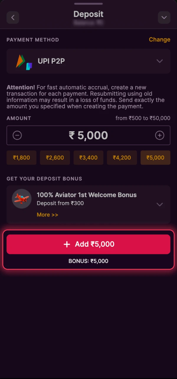 Make a deposit to fund your Batery Aviator account in India.