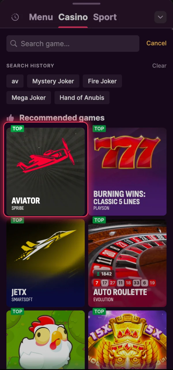 Find Aviator and set your bet for the next round.