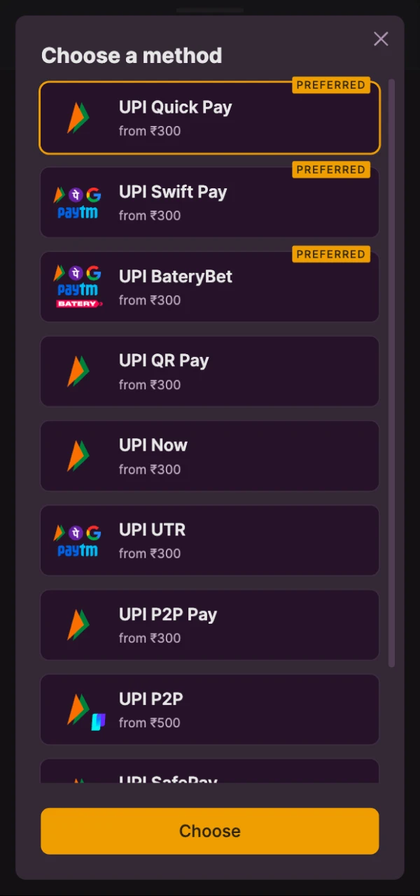 Choose a payment method from the available Batery deposit options.