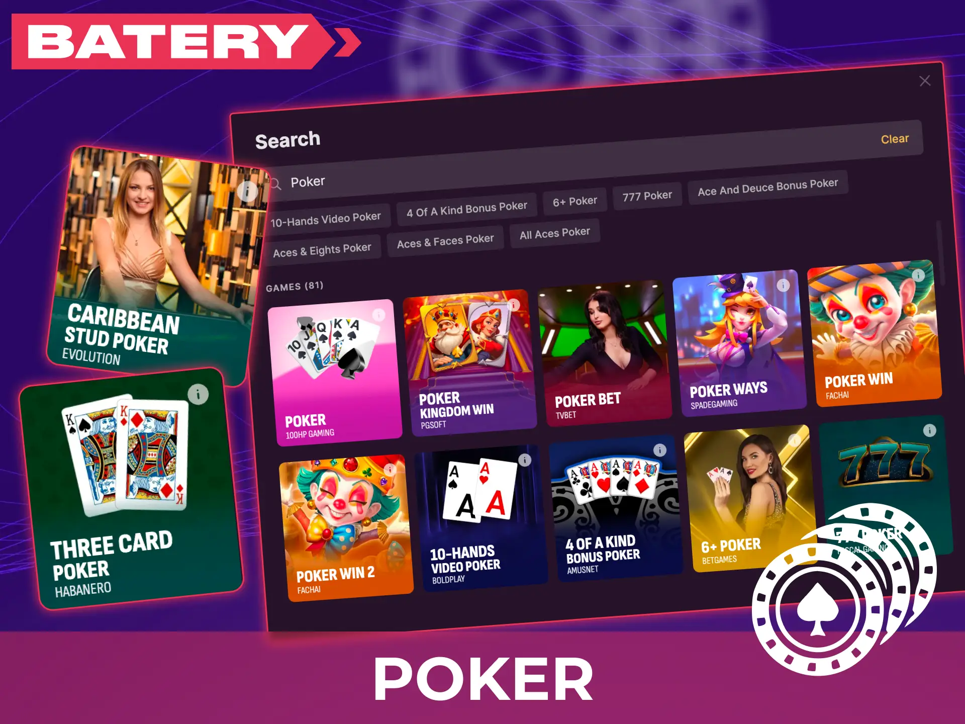 Test your skills in live casino poker games at Batery India.