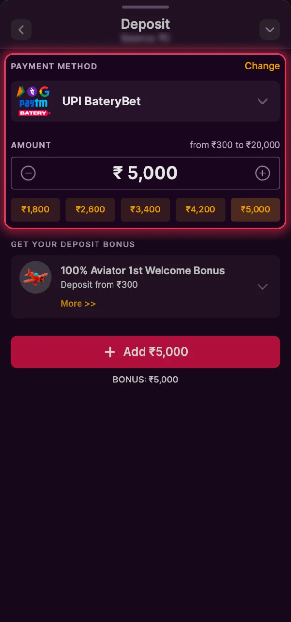 Add funds to your Batery live casino balance for betting.