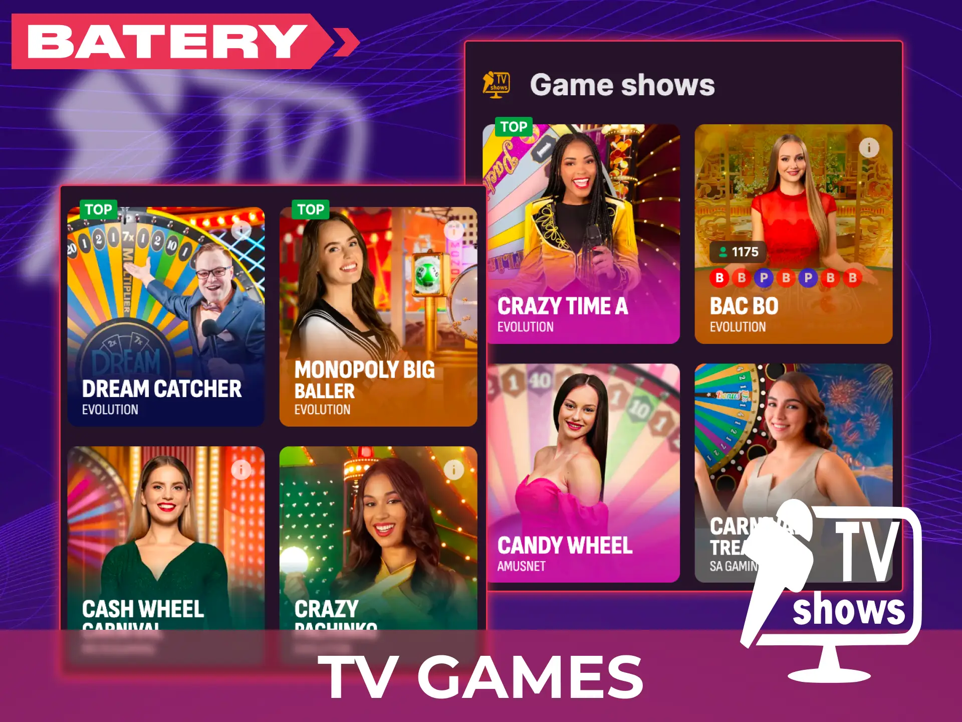 Enjoy interactive live casino TV games on the Batery platform.