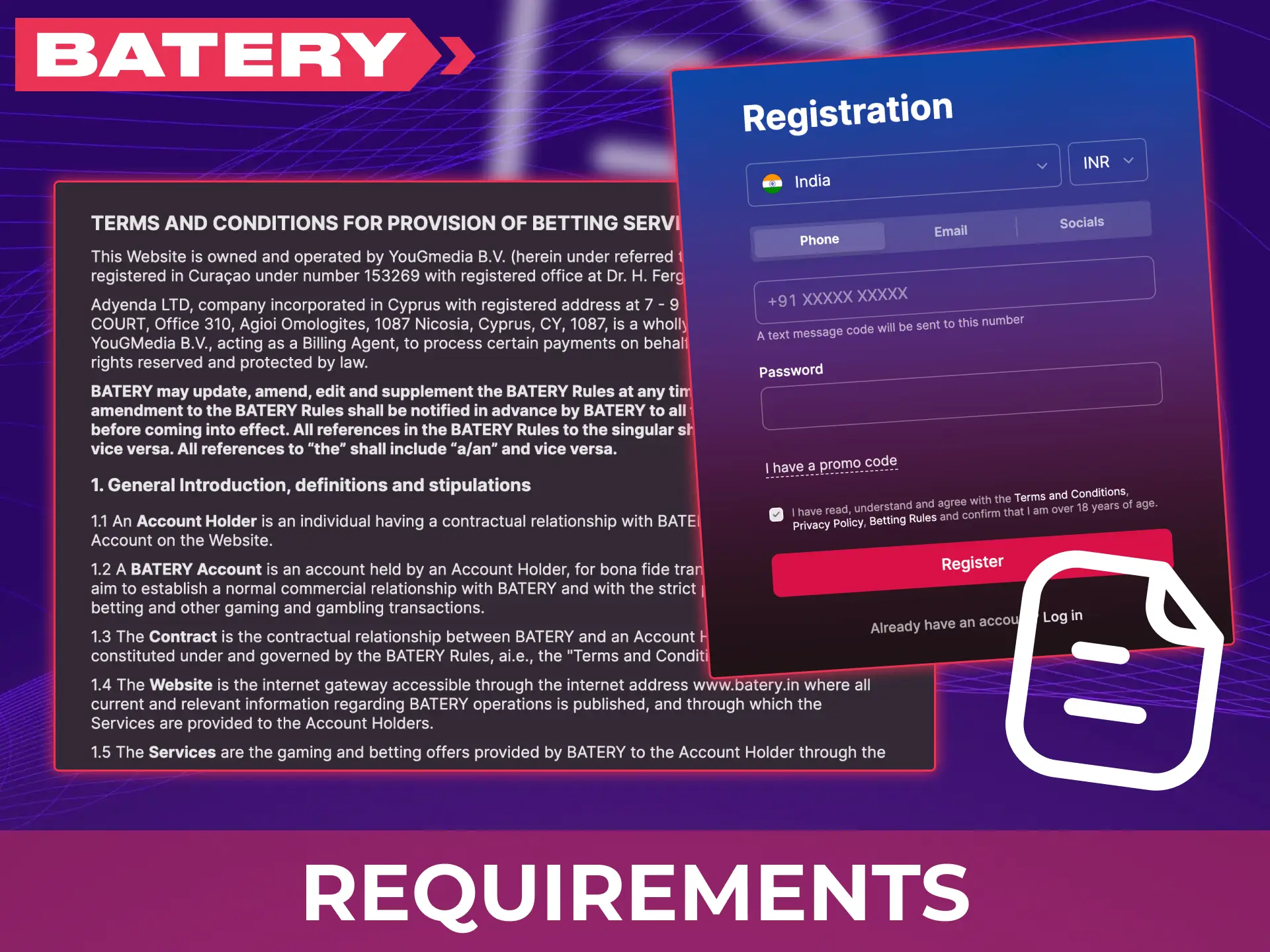 Follow the essential registration requirements to join the Batery platform in India.