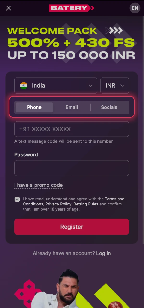 Pick your preferred App registration method for a quick Batery account setup.