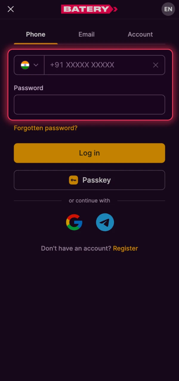 Enter your personal login details to sign into Batery.
