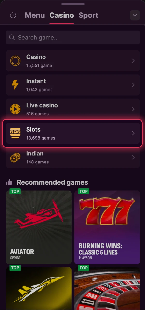 Open slots section on the official Batery website or app.