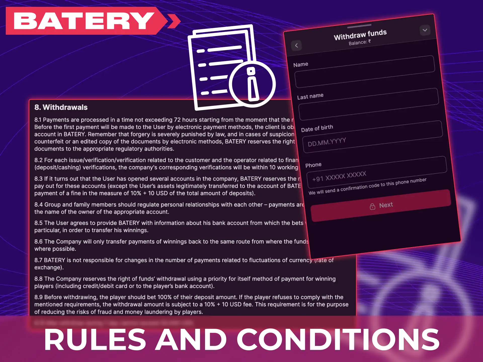 Review the Batery withdrawal rules and conditions for fast payouts.