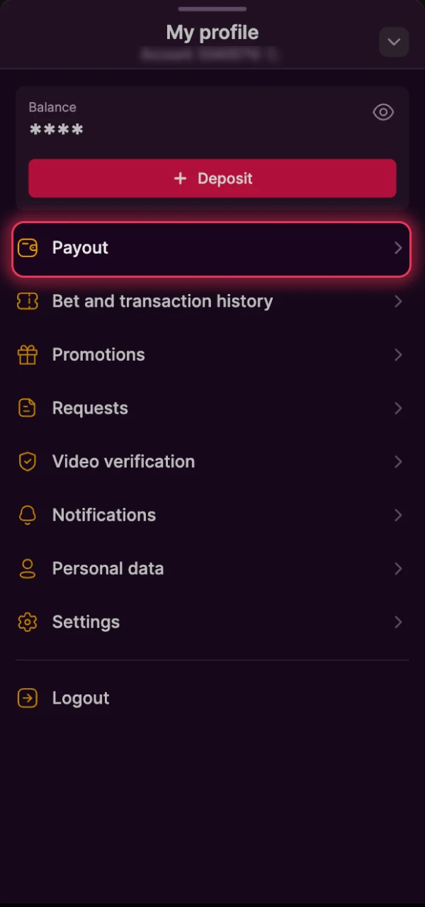 Choose withdraw from the menu to access Batery payout options.