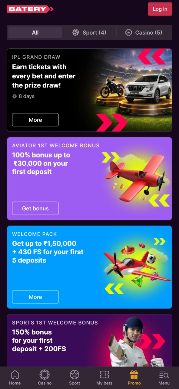 Claim welcome bonuses and free spins on the official Baterybet site.