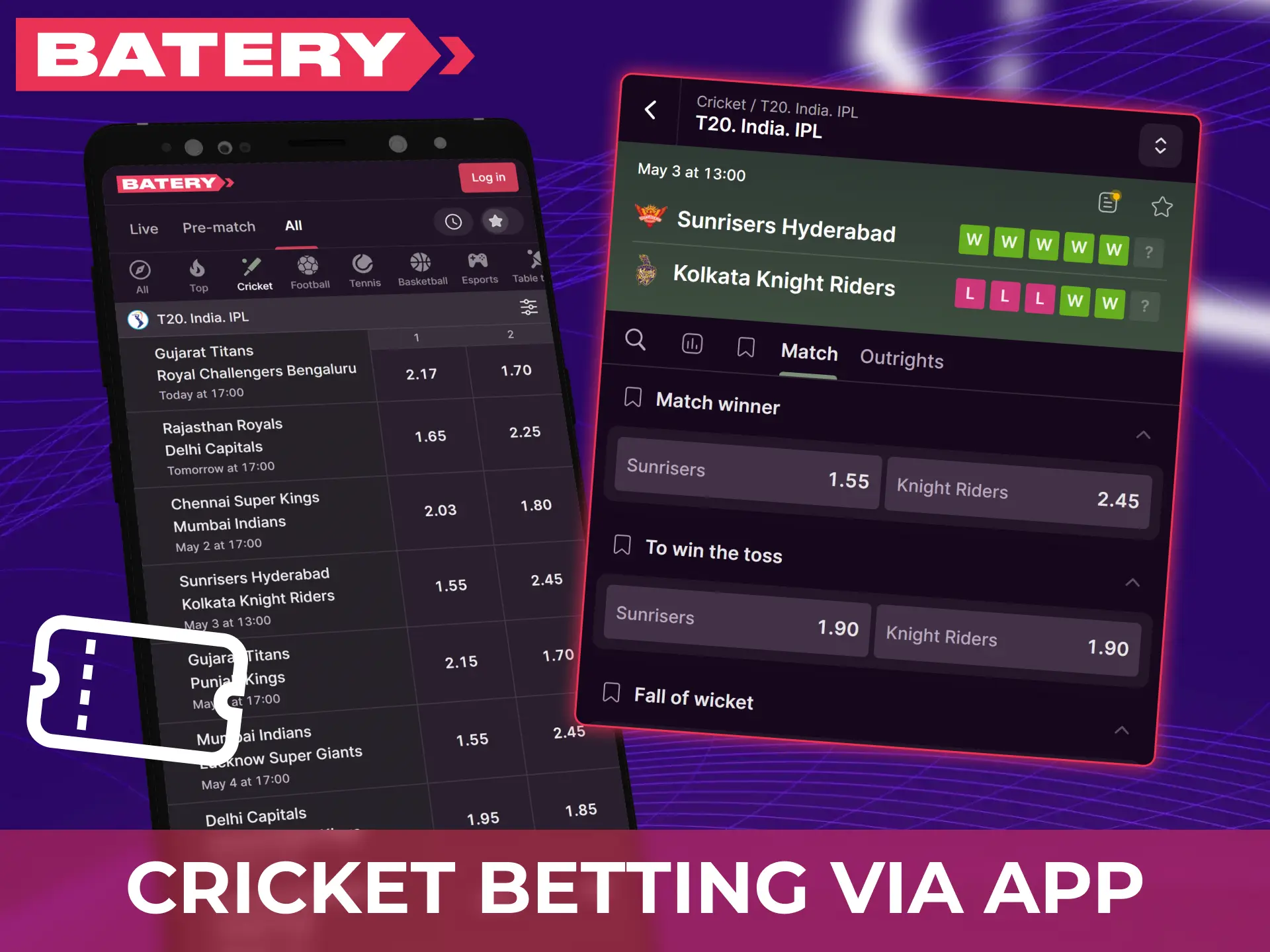 Bet on cricket anytime anywhere with Batery app.