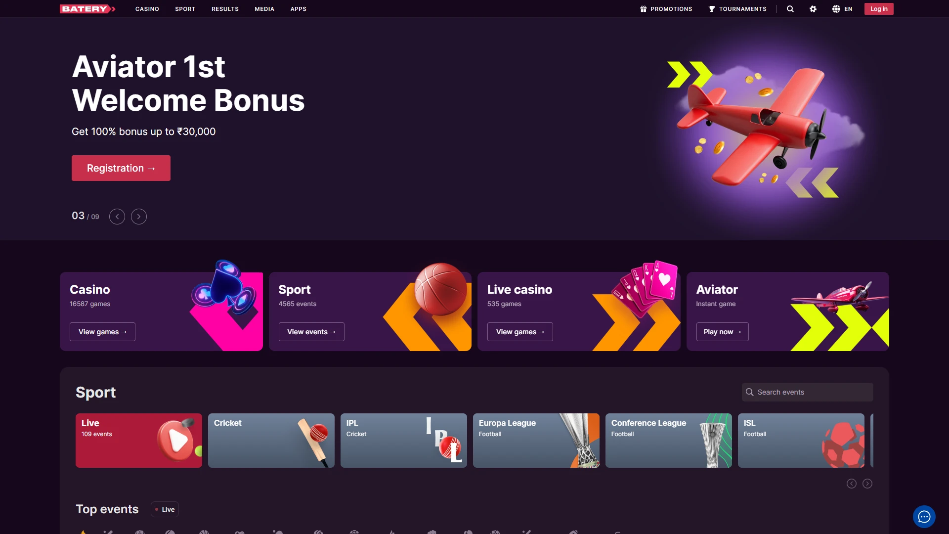 Batery homepage showing quick access to casino games, sports betting, promotions, and account management.