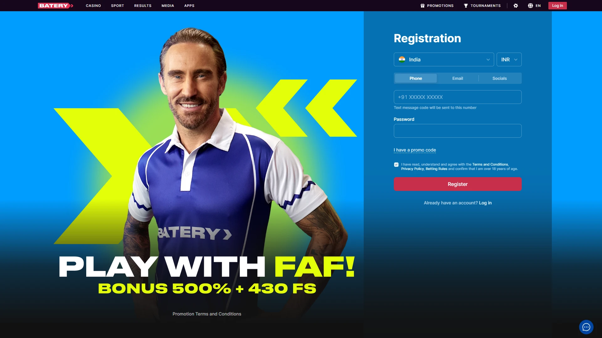 Batery registration screen where new users can create an account and start playing.