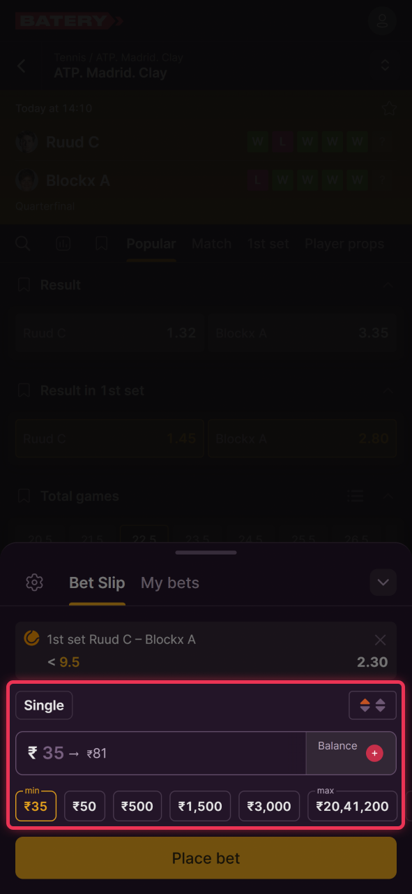 Enter your stake for tennis betting at Batery.